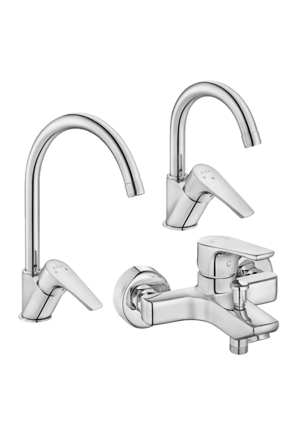 ECA NİOBE 3'LÜ SET 20 YIL GARANTİLİ (KUĞU LAVABO BATARYASI, BANYO BATARYASI, MUTFAK EVİYE BATARYASI) - 1
